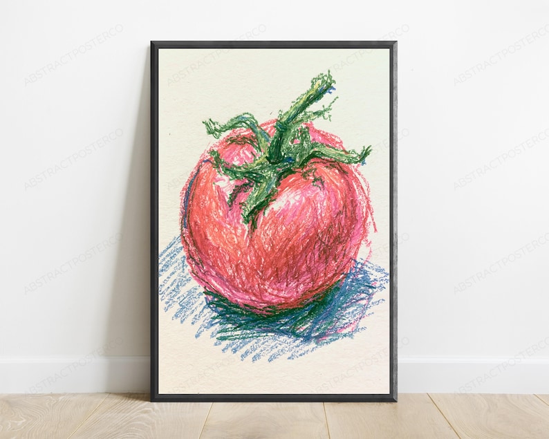 May include: A framed wall art print featuring a vibrant oil pastel drawing of a single red tomato with a green stem. The tomato is rendered with visible, textured strokes in shades of red, pink, and orange, resting on a blue shaded surface.