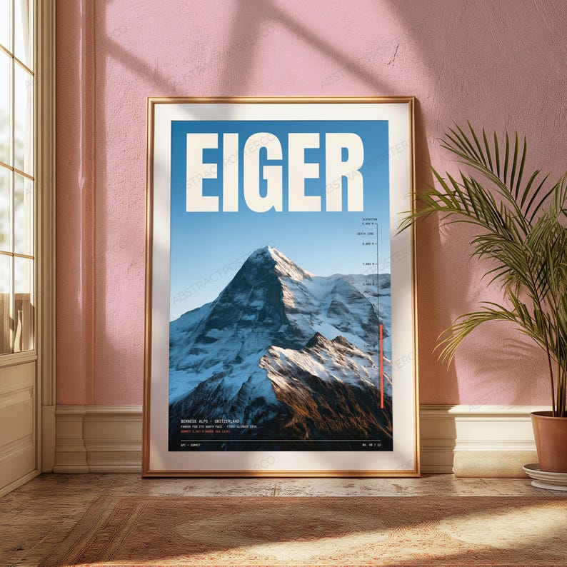 Höjdtryck av Eigerberget | Väggkonst med alpina toppar | Reseaffisch bild 5