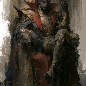 May include: A digital painting of a dark-skinned, horned humanoid figure with pointed ears sitting on a throne. The figure wears a high-collared gold and red garment with a dark blue cape. The throne features carved animal heads on the armrests.