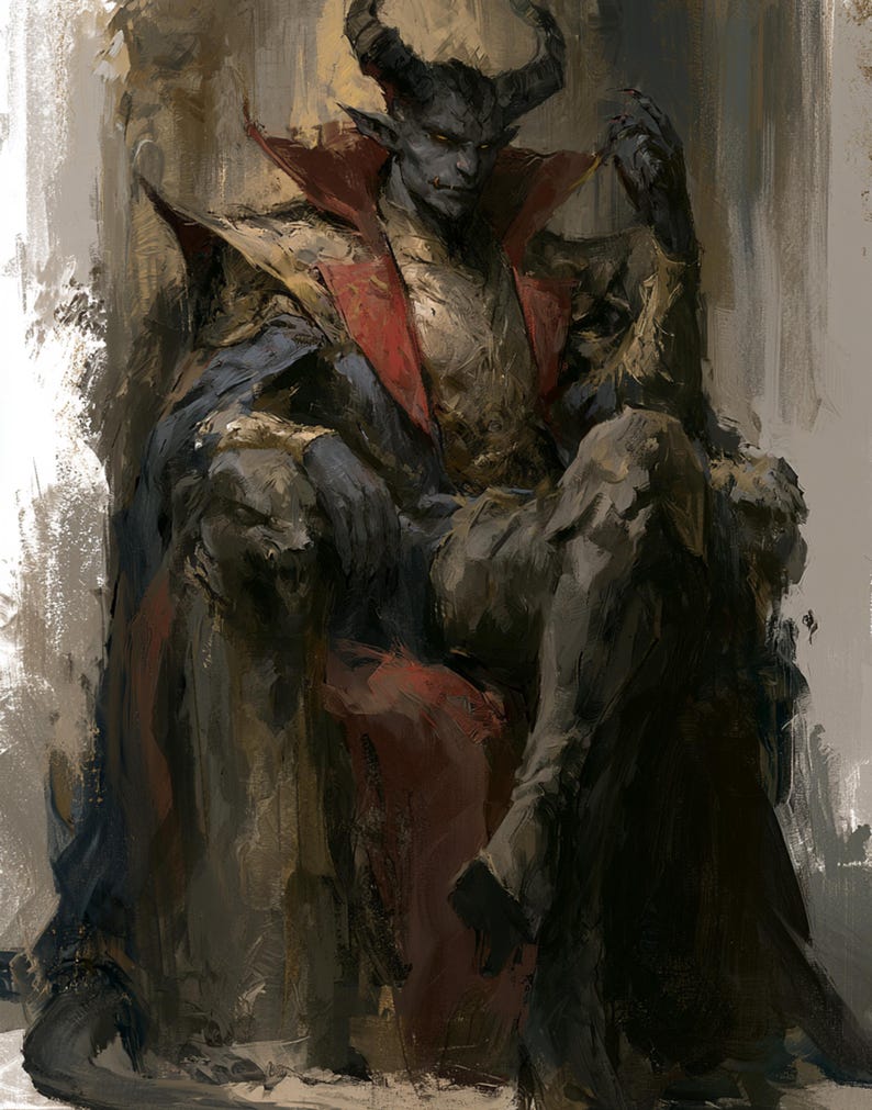 May include: A digital painting of a dark-skinned, horned humanoid figure with pointed ears sitting on a throne. The figure wears a high-collared gold and red garment with a dark blue cape. The throne features carved animal heads on the armrests.