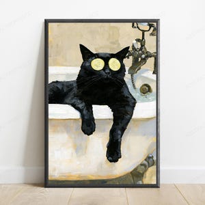 May include: A framed wall art print featuring an oil painting of a black cat relaxing in a white clawfoot bathtub. The cat has two yellow cucumber slices over its eyes. A vintage-style metal faucet is visible in the background of the tub.