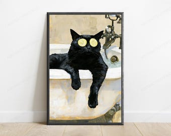 Popkonsttryck för svart katt, spadag | Väggkonst med roliga gurkögon och katt | Minimalistisk badrumsinredning | Digital nedladdning A3 A2 A1