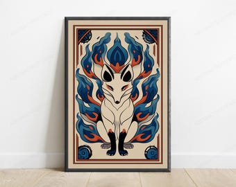 Nine-Tailed Fox Kitsune Print | Japanese Yokai Spirit Wall Art (Digital Download)