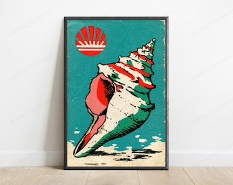 Vintage Seashell Wall Art | Retro Matchbox Label Print | Coastal Home Decor