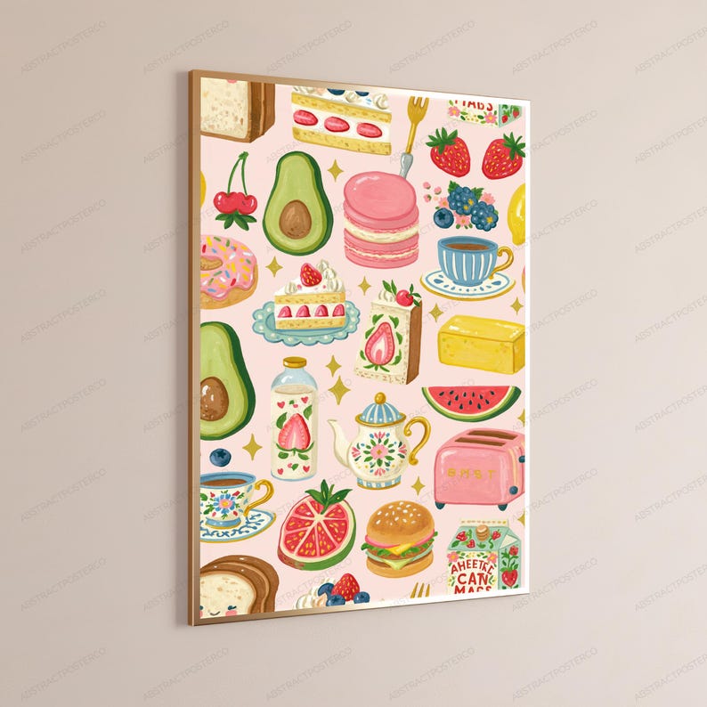 May include: A framed wall art print featuring a repeating pattern of food items on a light pink background, including strawberries, avocados, a pink toaster, a teapot, a burger, a slice of cake, a doughnut, and a carton labelled AHEETKE CAN MAGS.