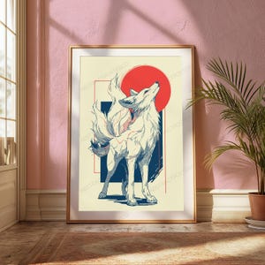K&ouml;nnte beinhalten: Ein gerahmter Kunstdruck mit einer stilisierten Illustration eines wei&szlig;en Fuchses mit mehreren Schw&auml;nzen, der nach oben blickt. Das Design umfasst einen gro&szlig;en roten Kreis, einen dunkelblauen rechteckigen Block und d&uuml;nne rote Linien auf cremefarbenem Grund.
