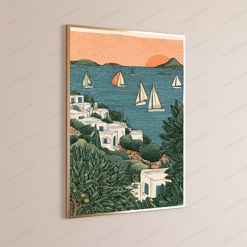 May include: A framed wall art print depicting a coastal scene with white buildings nestled among green trees and bushes. The blue sea features several sailboats under a soft orange sunset sky. The illustration uses a textured, graphic style.