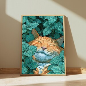 Gato pelirrojo en un jardín de lúpulo turquesa / Arte mural de animales tranquilos / Decoración botánica para el hogar / Descarga digital A3 A2 A1 imagen 5