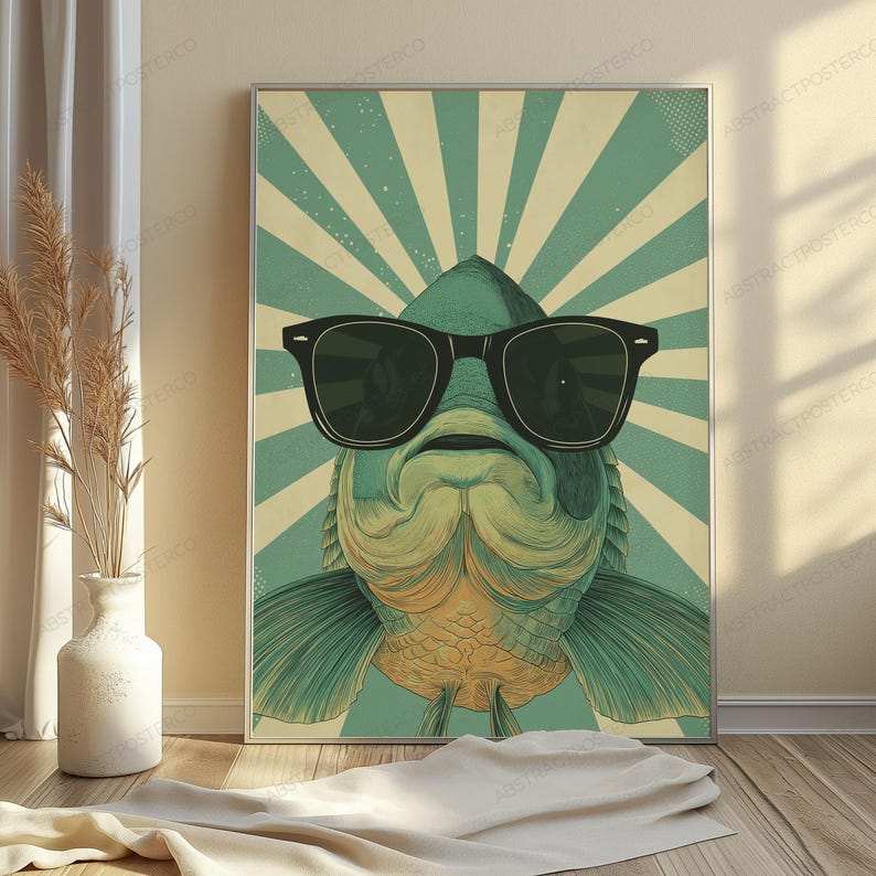 May include: A rectangular wall art print featuring a stylized illustration of a fish wearing large black sunglasses. The fish is centered against a background of alternating light cream and muted green sunburst rays, creating a retro graphic design.