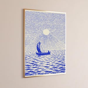 Sailing Boat Mountain Sunrise Line Art Print | Blue Minimalist Wall Art | Nautical Home Decor | Digital Download A3 A2 A1 image 9
