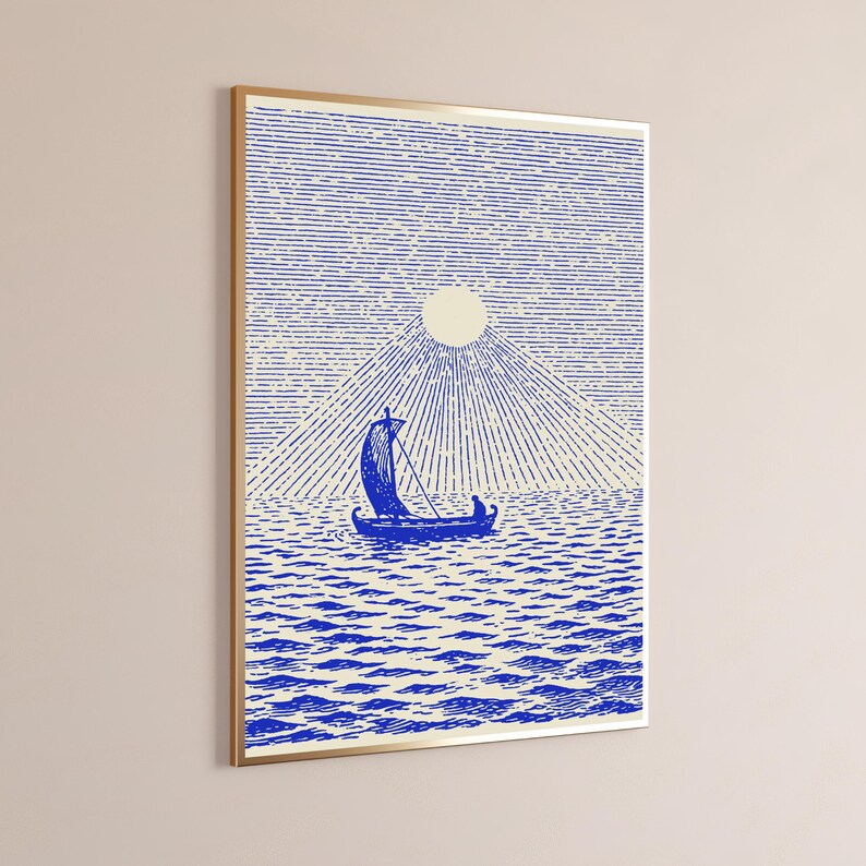 Sailing Boat Mountain Sunrise Line Art Print | Blue Minimalist Wall Art | Nautical Home Decor | Digital Download A3 A2 A1 image 9
