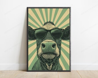 Cooles Kuh Portrait | Retro Sonnenbrillen Tierkunst | Minimalistische Wanddekoration | Digitaler Download A3-A2-A1
