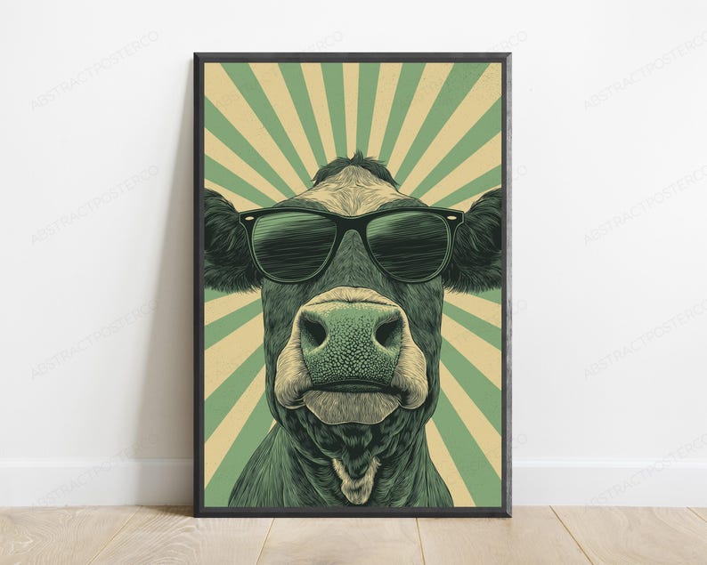 May include: A framed wall art print featuring a dark-colored cow wearing black sunglasses. The cow is centered against a background of alternating light green and cream-colored sunburst rays. The artwork has a detailed, textured illustration style.