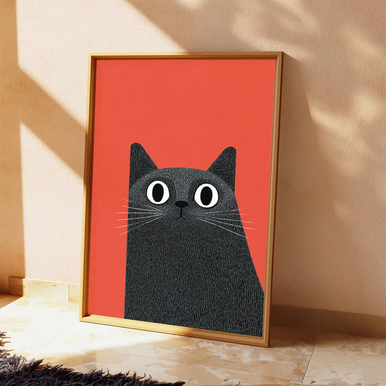 Shocked Black Cat Pop Art Print | Funny Wide-Eyed Feline | Minimalist Wall Art | Digital Download A3 A2 A1 image 4