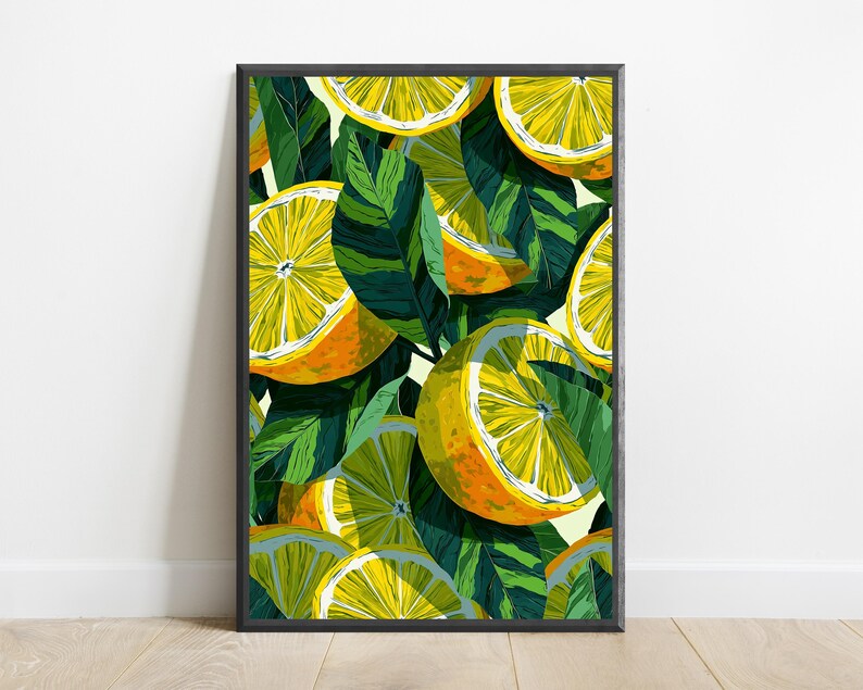 Lámina botánica de hojas de limón y cítricos / Arte culinario de verano / Decoración minimalista para la pared de la cocina / Descarga digital A3 A2 A1 imagen 1