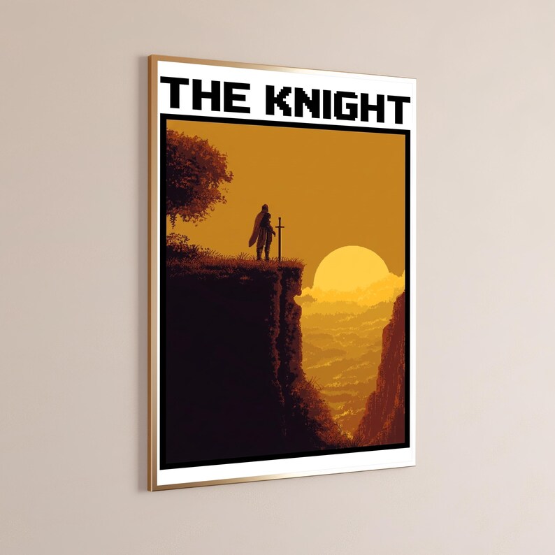 May include: A framed wall art print titled THE KNIGHT in black pixelated font. The illustration depicts a lone knight standing on a dark cliff edge holding a sword, overlooking a vast landscape with a large yellow sun against an orange sky.