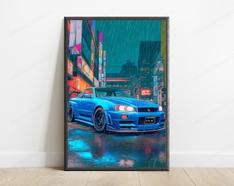 Neon Blue Sports Car Rainy City Print | Cyberpunk Street Art | Modern Wall Decor | Digital Download A3 A2 A1