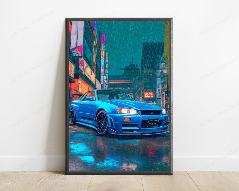May include: A framed vertical art print featuring a bright blue sports car parked on a wet city street at night. The scene is set in a rainy urban environment with glowing neon signs in the background, reflecting on the dark, rain-slicked pavement.