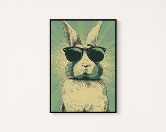 Cool Bunny Sunglasses Pop Art Print | Retro Animal Wall Art | Minimalist Home Decor | Digital Download A3 A2 A1