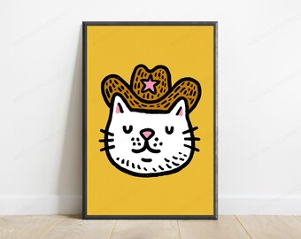 Cowboy Cat Pop Art Print | Wild West Feline Wall Art | Minimalist Cute Cat Decor | Digital Download A3 A2 A1