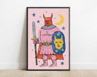 Mystical Demon Warrior Pop Art Print | Sword and Shield Fantasy Wall Art | Colourful Home Decor | Digital Download A3 A2 A1