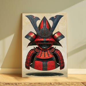 Peut inclure: Une impression d'art mural encadr&eacute;e repr&eacute;sentant une illustration d&eacute;taill&eacute;e d'un casque et d'une armure de samoura&iuml; traditionnels. L'armure est principalement rouge avec des accents bleu fonc&eacute;, dot&eacute;e d'un cimier central et d'un masque.