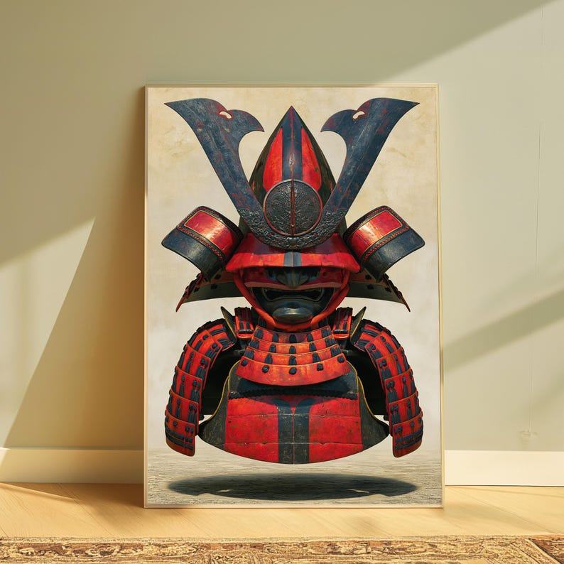 Peut inclure: Une impression d'art mural encadr&eacute;e repr&eacute;sentant une illustration d&eacute;taill&eacute;e d'un casque et d'une armure de samoura&iuml; traditionnels. L'armure est principalement rouge avec des accents bleu fonc&eacute;, dot&eacute;e d'un cimier central et d'un masque.