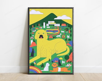 Giant Yellow Dog Countryside Minimalist | Cute Pet Wall Art | Pop Art Home Decor | Digital Download A3 A2 A1