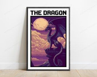 Moonlit Dragon Pixel Art Print | Purple Fantasy Wall Art | Mystical Creature Home Decor | Digital Download A3 A2 A1