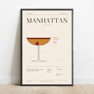 Manhattan-Cocktail-Rezept zum Ausdrucken in Creme | Vintage-Bar-Diagramm | Minimalistische Getränke-Wandkunst