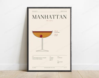 Manhattan-Cocktail-Rezept zum Ausdrucken in Creme | Vintage-Bar-Diagramm | Minimalistische Getränke-Wandkunst