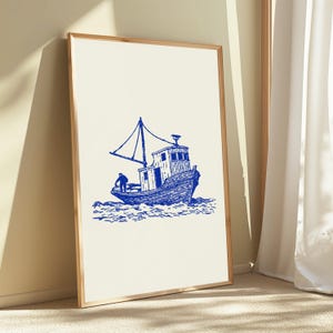Stampa artistica vintage di una barca da pesca / Decorazione murale nautica costiera / Arredamento marittimo minimalista / Download digitale A3 A2 A1 immagine 5