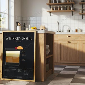 Whiskey Sour Cocktail Recipe Print shown in a kitchen