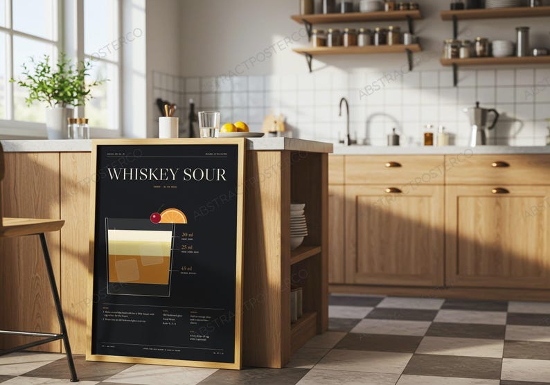 Whiskey Sour Cocktail Recipe Print shown in a kitchen