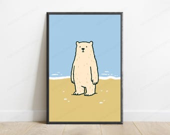 Cute Standing Polar Bear Beach Wall Art | Minimalist Animal Print | Coastal Home Decor | Digital Download A3 A2 A1