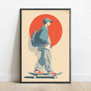 May include: A framed poster featuring a stylized illustration of a person wearing a cap, jacket, and backpack while riding a skateboard. The figure is positioned in front of a large red circle against a light beige background, wearing red sneakers.