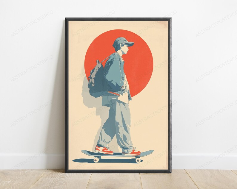 May include: A framed poster featuring a stylized illustration of a person wearing a cap, jacket, and backpack while riding a skateboard. The figure is positioned in front of a large red circle against a light beige background, wearing red sneakers.