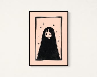 Mystical Girl with Long Hair Minimalist Print | Dark Minimalist Portrait | Ethereal Wall Art | Digital Download A3 A2 A1