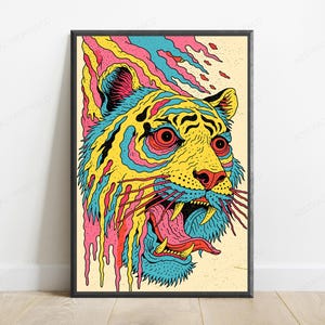 Neon Wildcat Pop Art Print | Psychedelic Tiger Wall Art | Vibrant Animal Illustration | Digital Download A3 A2 A1 image 1