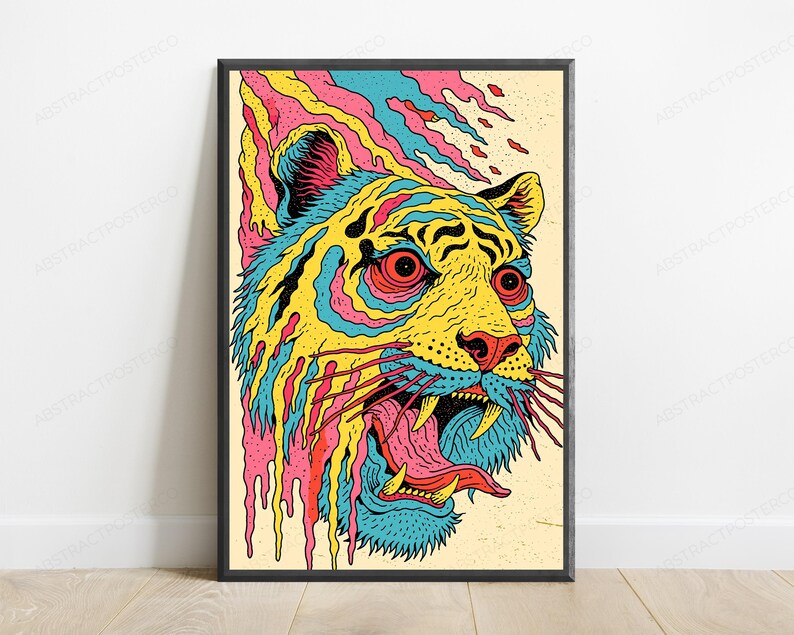 Neon Wildcat Pop Art Print | Psychedelic Tiger Wall Art | Vibrant Animal Illustration | Digital Download A3 A2 A1 image 1
