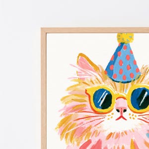 Flauschige Rosa Katze Party Hut Pop Art Print | Bunte Feier Wandkunst | Spaß Tier Dekor | Digitaler Download A3-A2-A1 Bild 2