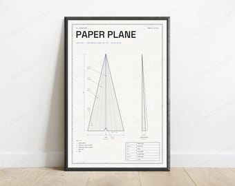 Paper Plane Blueprint Technical Print | Minimalist Origami Wall Art | Geometric Line Drawing