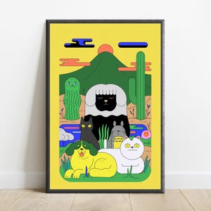 May include: A framed art print featuring a yellow background with a green mountain, a red sun, and blue clouds. The scene includes a black and white sheep, a black cat, a grey creature, a yellow dog, and a white cat, alongside cacti and plants.
