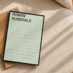 Learn Roman Numerals Chart Print in Sage, close-up of the print