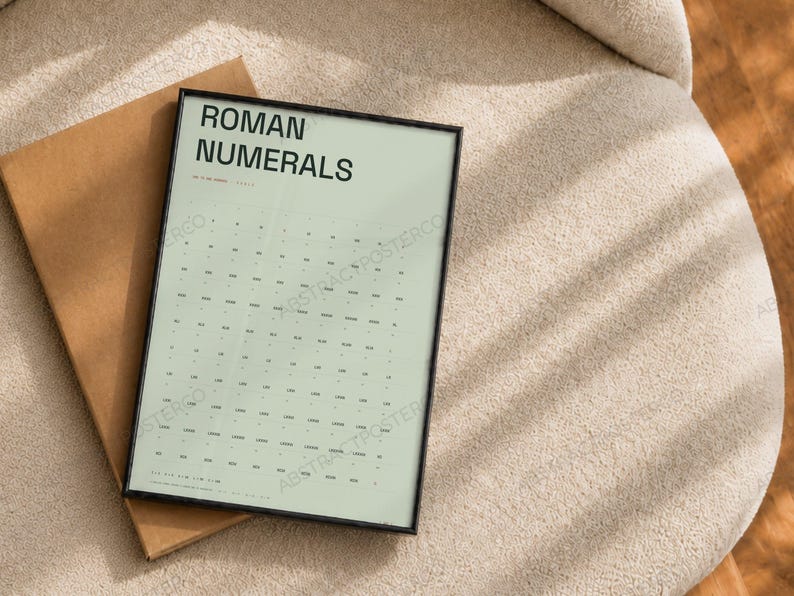 Learn Roman Numerals Chart Print in Sage, close-up of the print