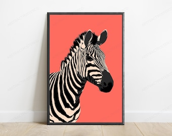 Zebra Minimalist Art Print | Coral Pop Art Poster | Modern Animal Wall Decor | Japanese Anime Style | Instant Digital Download