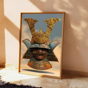 May include: A framed wall art print featuring a detailed samurai helmet with a weathered bronze finish, a dark metallic face mask, and a prominent, ornate gold-colored crest with intricate engravings set against a soft, cloudy sky background.