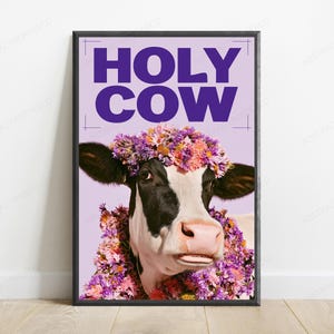 Holy Cow Pop Art Print | Floral Cow Portrait with Typography | Colorful Farmhouse