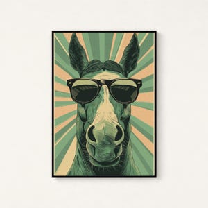 Coole Pferde Sonnenbrillen | Retro Pop Art Wanddekor | Minimalistische Tier Illustration Bild 1