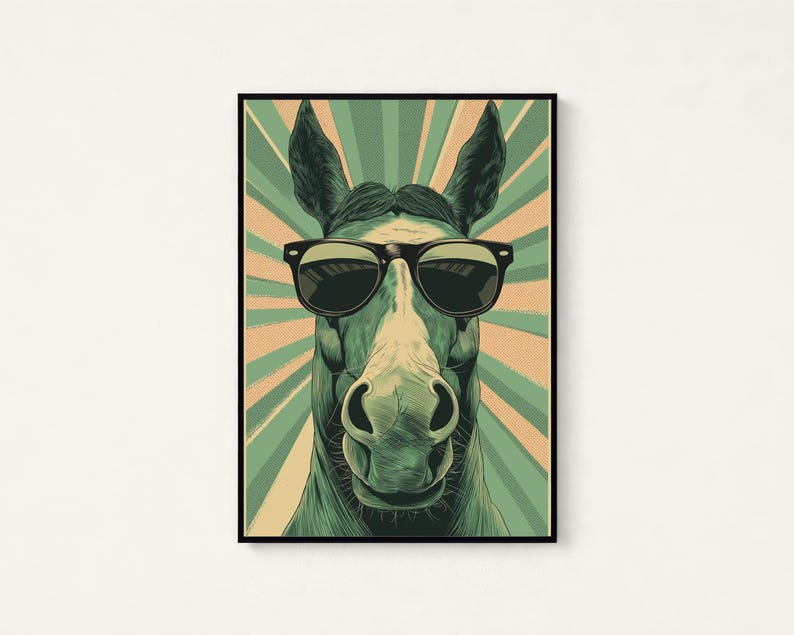 Coole Pferde Sonnenbrillen | Retro Pop Art Wanddekor | Minimalistische Tier Illustration Bild 1